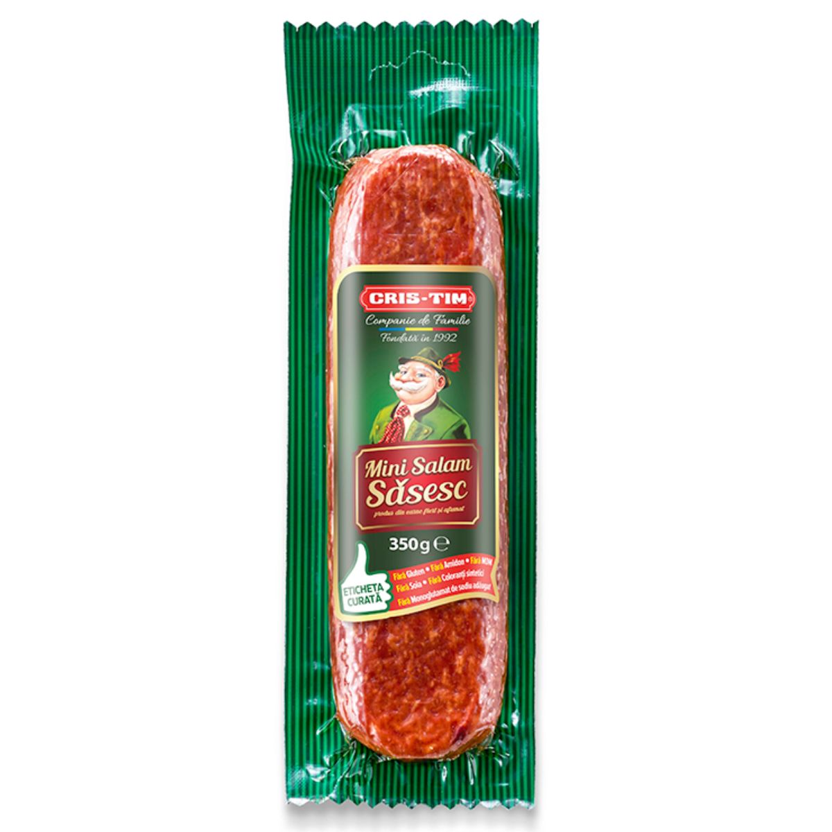 A vacuum-sealed package of Cris-Tim - Sasesc Mini Salami - 350g, with green labeling and a picture of a chef on the front. A vacuum-sealed package of Cris-Tim - Sasesc Mini Salami - 350g, with green labeling and a picture of a chef on the front.