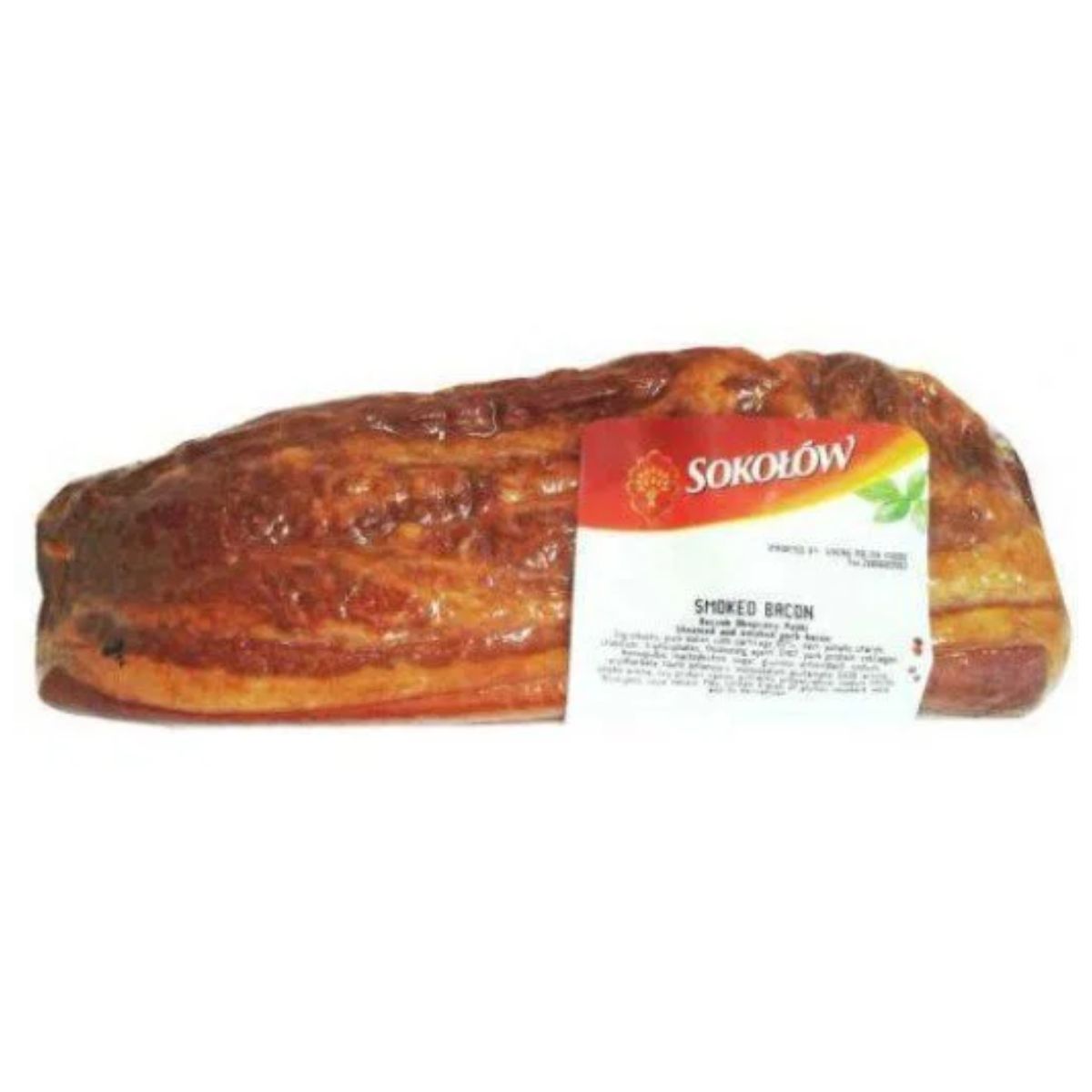 A piece of Sokolow - Smoked Bacon- with a label on it.
