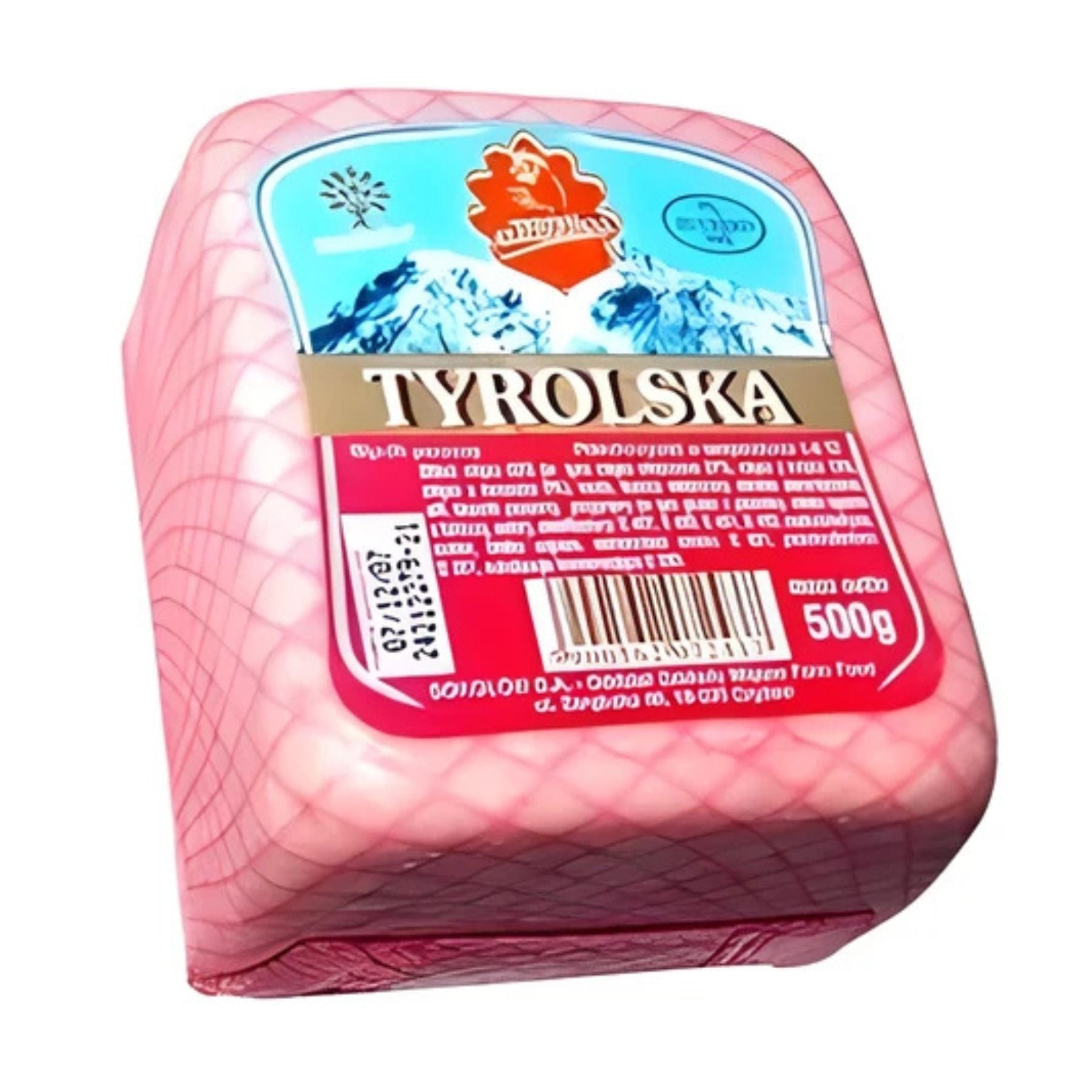 Sokolow Tyrolska (Pork) Mini Block is a 500g ham sausage made from finely minced pork, poultry, and beef, wrapped in a pink inedible casing with a blue and red label showing product details. Sokolow Tyrolska (Pork) Mini Block is a 500g ham sausage made from finely minced pork, poultry, and beef, wrapped in a pink inedible casing with a blue and red label showing product details.