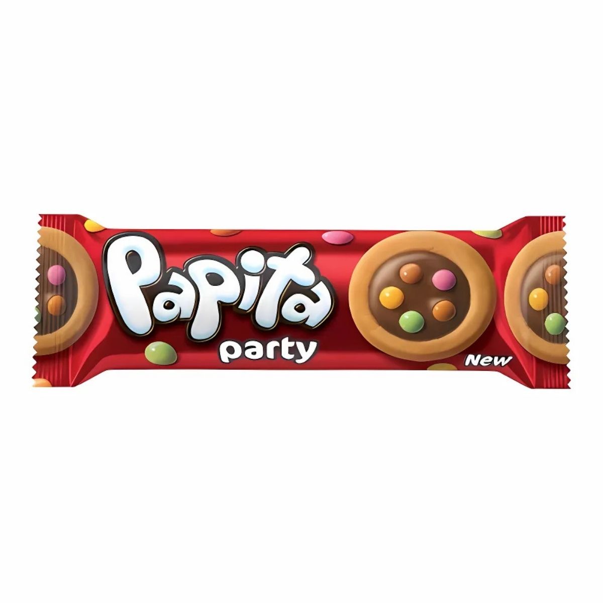 A bright red packet of "Solen - Papita" features delightful milk chocolate-coated biscuits filled with milk cream and dragee candies, weighing 63g. A bright red packet of "Solen - Papita" features delightful milk chocolate-coated biscuits filled with milk cream and dragee candies, weighing 63g.