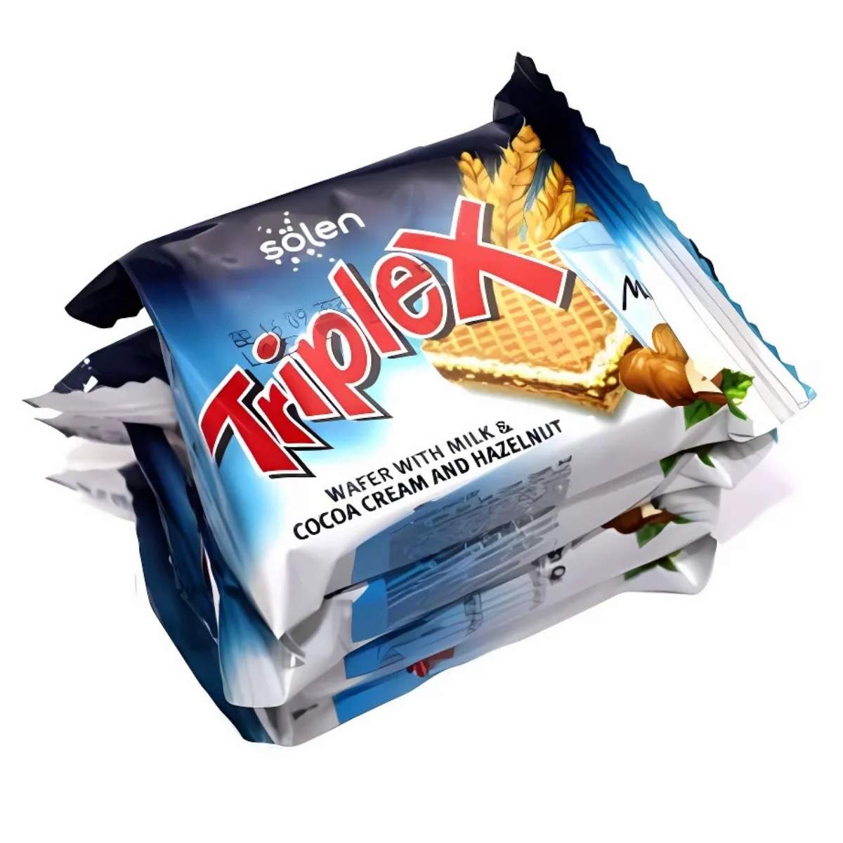 A trio of Solen - Triplex Milk, Cocoa, and Hazelnut Wafers (4 x 20g) showcases enticing wafer imagery and the "Solen" brand name on the packaging. A trio of Solen - Triplex Milk, Cocoa, and Hazelnut Wafers (4 x 20g) showcases enticing wafer imagery and the "Solen" brand name on the packaging.
