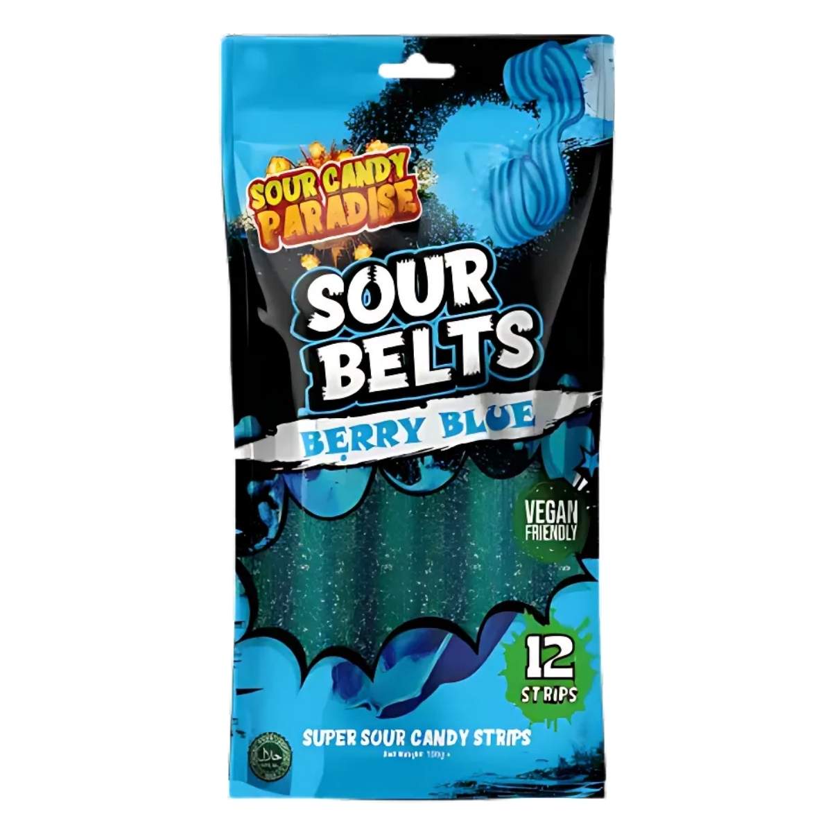 Sour Candy Paradise - Sour Belts Berry Blue (100g): Vegan-friendly bag with 12 super sour candy strips. Sour Candy Paradise - Sour Belts Berry Blue (100g): Vegan-friendly bag with 12 super sour candy strips.