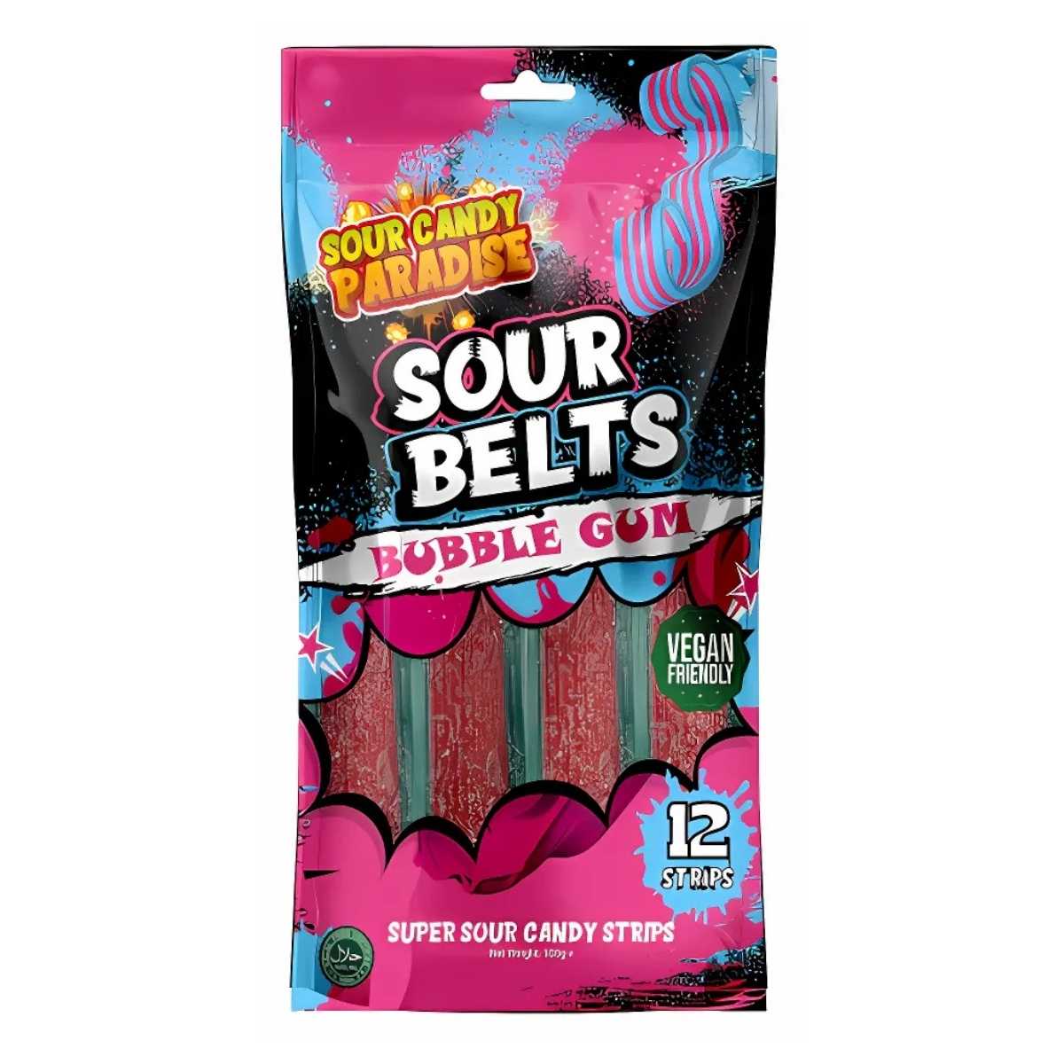 Sour Candy Paradise - Sour Belts Bubble Gum (100g) features 12 vegan-friendly strips in a colorful pink and blue bag. Sour Candy Paradise - Sour Belts Bubble Gum (100g) features 12 vegan-friendly strips in a colorful pink and blue bag.
