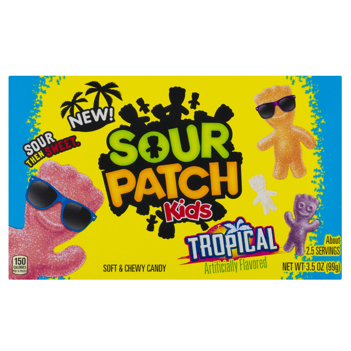 The Sour Patch Kids - Tropical Soft & Chewy Candy features gummy characters in sunglasses and the slogan "Sour then Sweet." Packed with fruity flavors, each 99g bag offers about 2.5 servings of tropical enjoyment. The Sour Patch Kids - Tropical Soft & Chewy Candy features gummy characters in sunglasses and the slogan "Sour then Sweet." Packed with fruity flavors, each 99g bag offers about 2.5 servings of tropical enjoyment.
