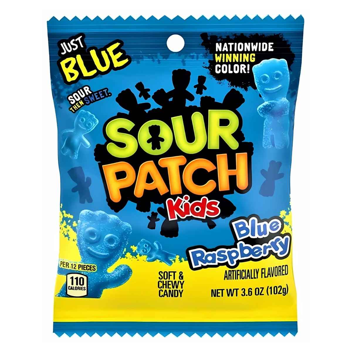 A 102g bag of Sour Patch Kids Blue Raspberry chewy gummies from Sour Patch, featuring blue candies on the packaging with "Just Blue" and "Sour Then Sweet" highlighted. A 102g bag of Sour Patch Kids Blue Raspberry chewy gummies from Sour Patch, featuring blue candies on the packaging with "Just Blue" and "Sour Then Sweet" highlighted.
