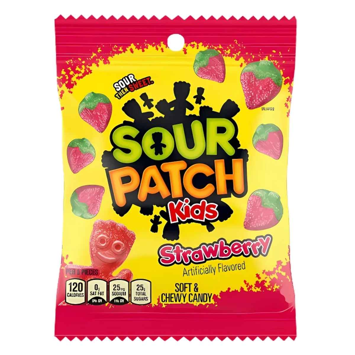 A 102g yellow and red Sour Patch Kids - Strawberry bag from Sour Patch, showing strawberries and chewy candy pieces, with nutrition info at the bottom. A 102g yellow and red Sour Patch Kids - Strawberry bag from Sour Patch, showing strawberries and chewy candy pieces, with nutrition info at the bottom.