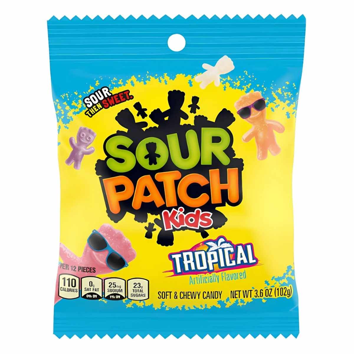 A 102g bag of Sour Patch Kids - Tropical from Sour Patch, showing colorful chewy candies on the front and nutrition facts in the bottom left corner. A 102g bag of Sour Patch Kids - Tropical from Sour Patch, showing colorful chewy candies on the front and nutrition facts in the bottom left corner.