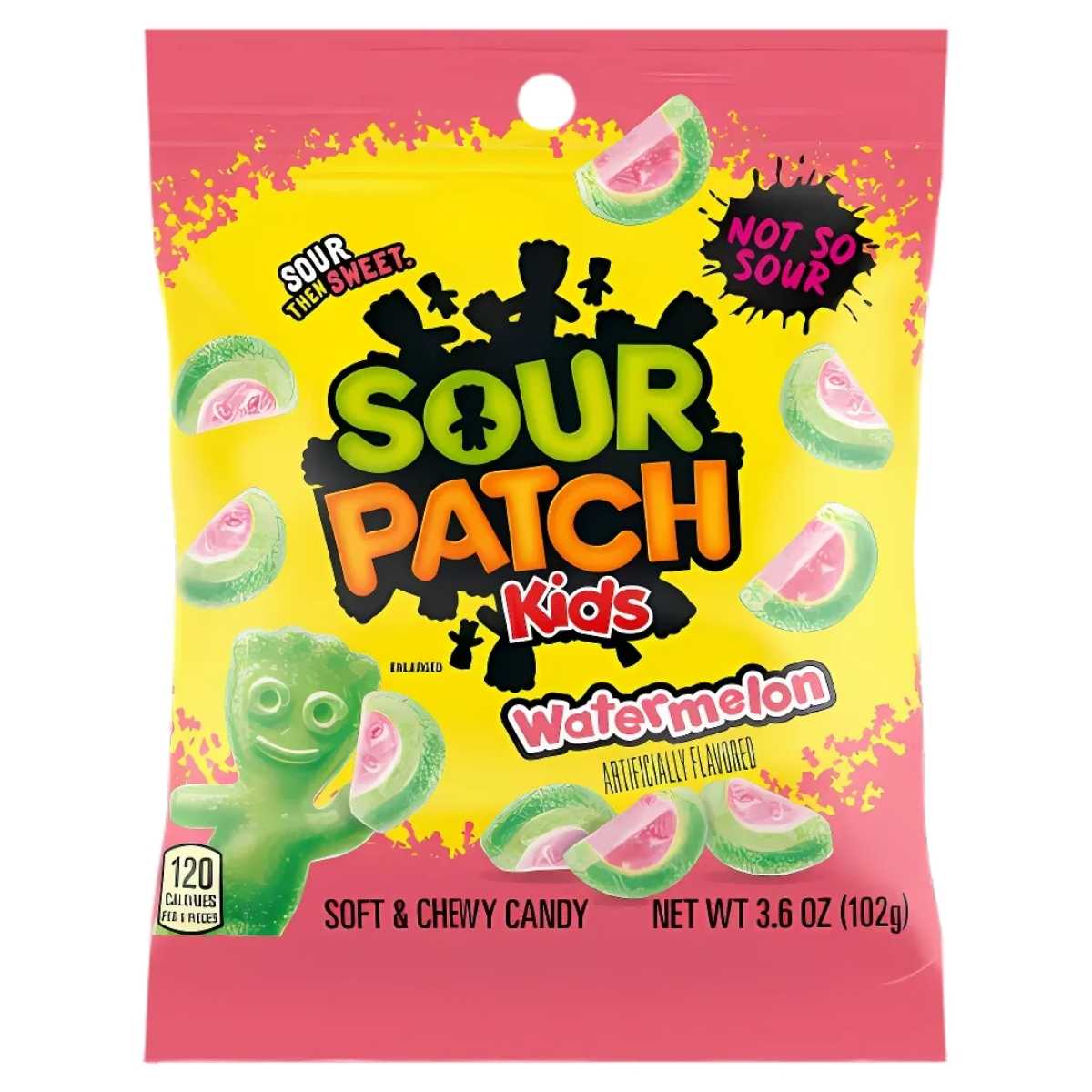 A 102g bag of Sour Patch Watermelon by Sour Patch, featuring pink and green watermelon-shaped chewy gummies. A 102g bag of Sour Patch Watermelon by Sour Patch, featuring pink and green watermelon-shaped chewy gummies.