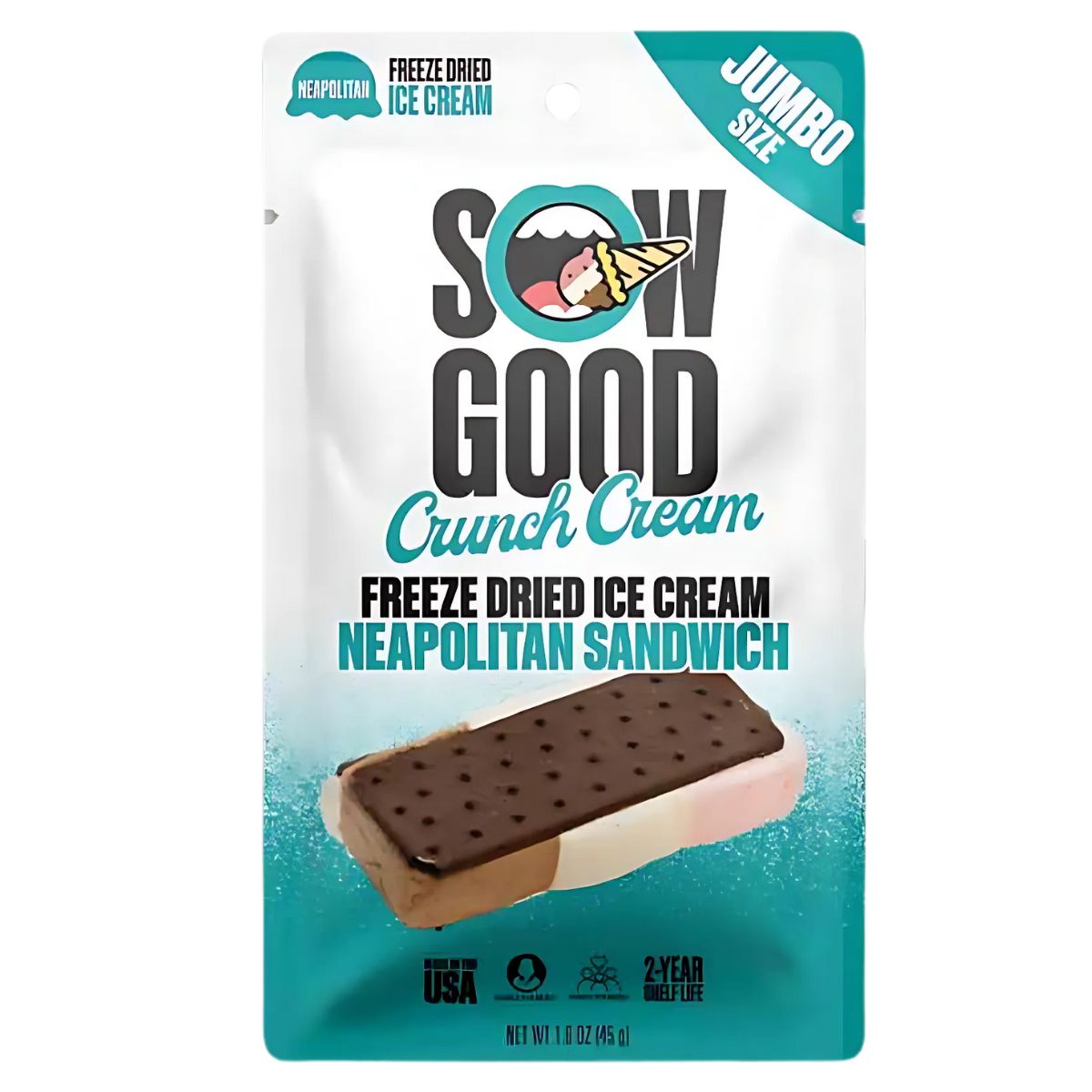 The packaging of the "Sow Good - Freeze Dried Jumbo Neapolitan Crunch Cream Sandwich - 45g" features a vibrant image of the product and includes details about its size, remarkable shelf life, and place of origin. The packaging of the "Sow Good - Freeze Dried Jumbo Neapolitan Crunch Cream Sandwich - 45g" features a vibrant image of the product and includes details about its size, remarkable shelf life, and place of origin.