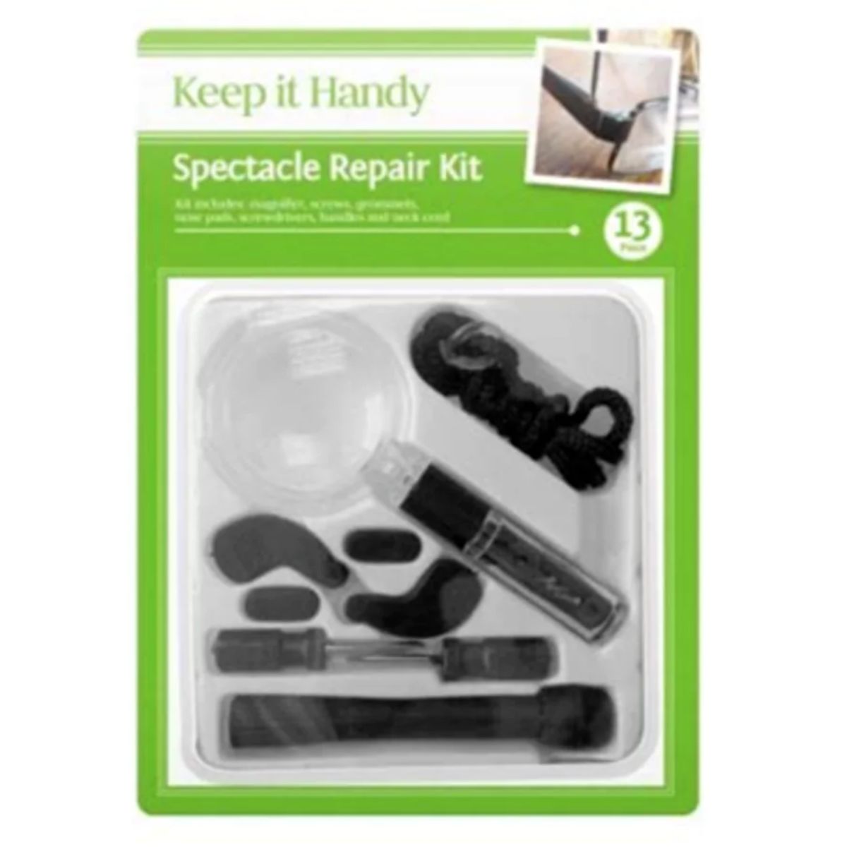 A Spectacle - Eyeglass Repair Maintenance Kit 13 Piece with various tools and accessories for fixing glasses, packaged in a green and clear plastic case.