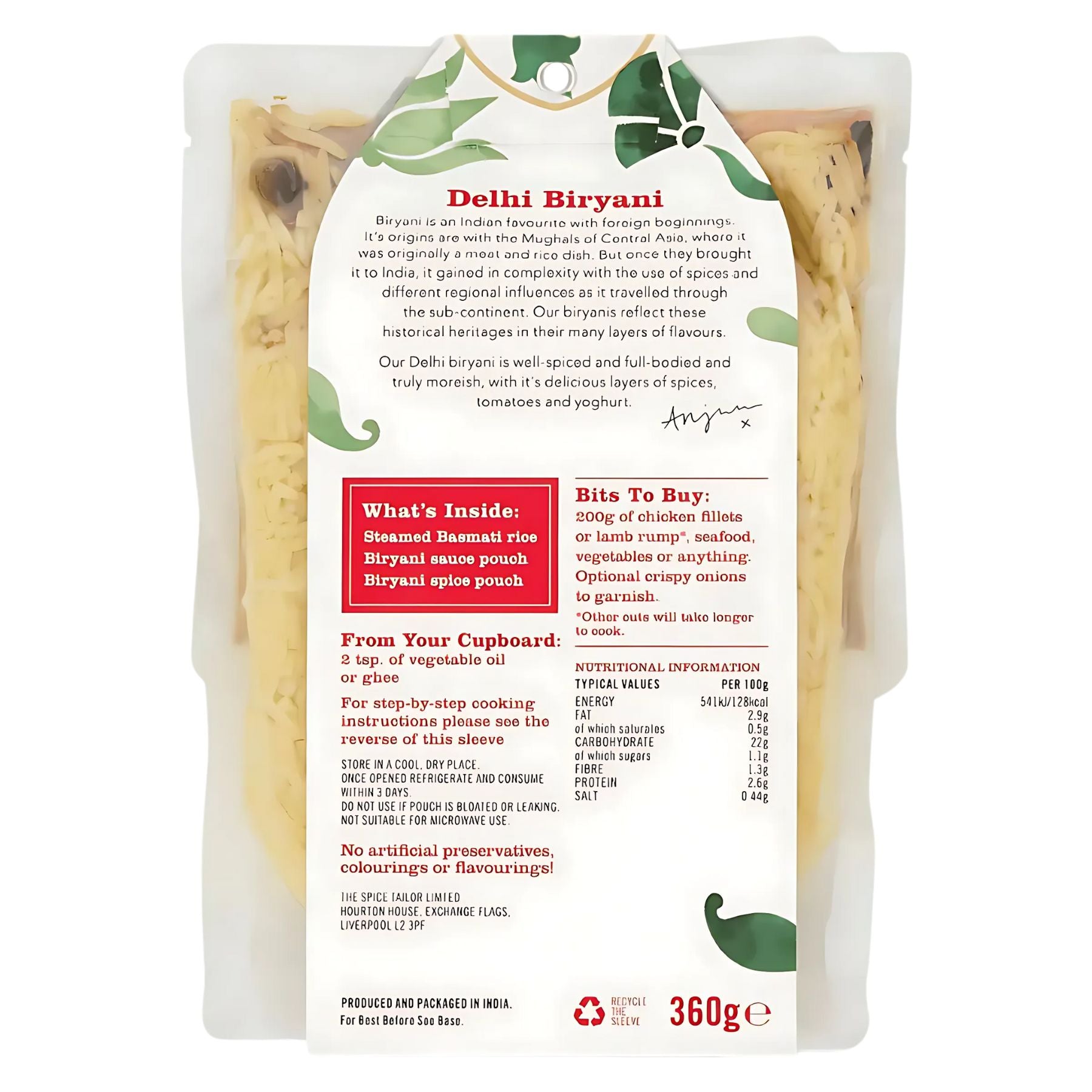 Spice Tailor Delhi Biryani Kit with Rice (Serves 2) - 360g features authentic Indian flavours, labeled ingredients, instructions, nutritional info, and a description printed on the back of the pouch. Spice Tailor Delhi Biryani Kit with Rice (Serves 2) - 360g features authentic Indian flavours, labeled ingredients, instructions, nutritional info, and a description printed on the back of the pouch.
