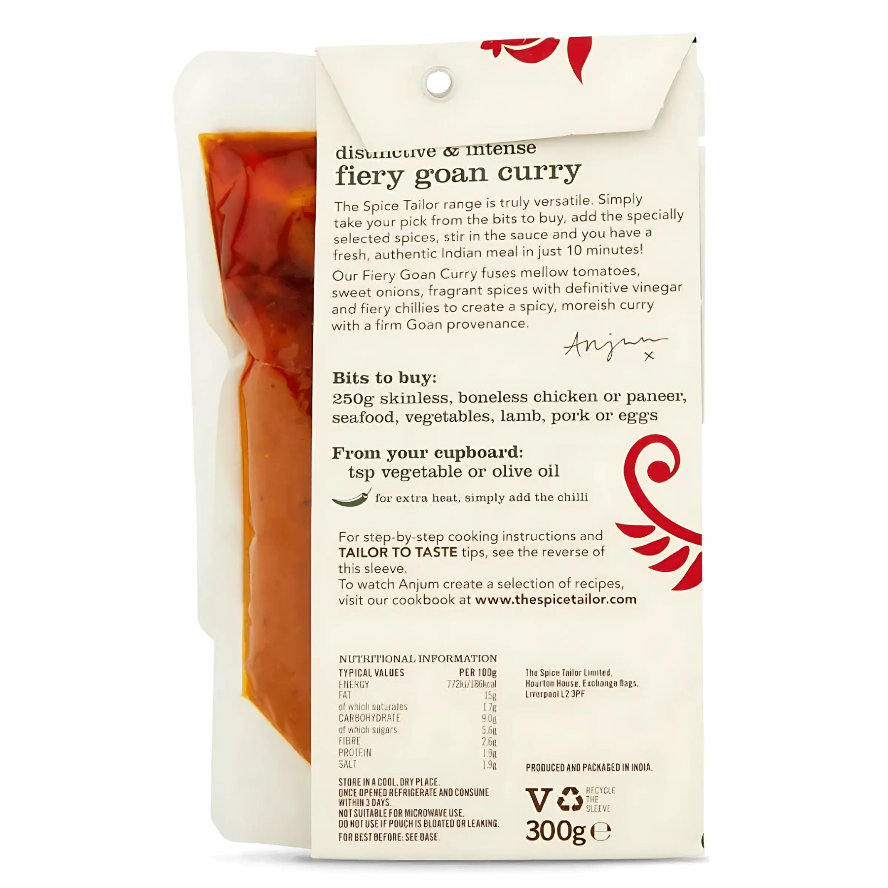 A 300g Spice Tailor – Fiery Goan Curry Kit (Serves 2-3) featuring a visible pouch of Goan curry sauce, complete with cooking instructions and nutritional information on the packaging. A 300g Spice Tailor – Fiery Goan Curry Kit (Serves 2-3) featuring a visible pouch of Goan curry sauce, complete with cooking instructions and nutritional information on the packaging.