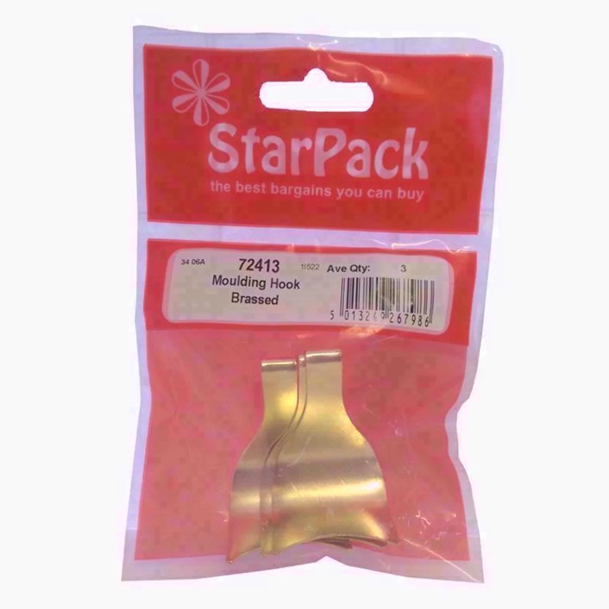 Packaged Star Pack - Brassed Moulding Hook - Pack of 3 for hanging pictures or decorations.