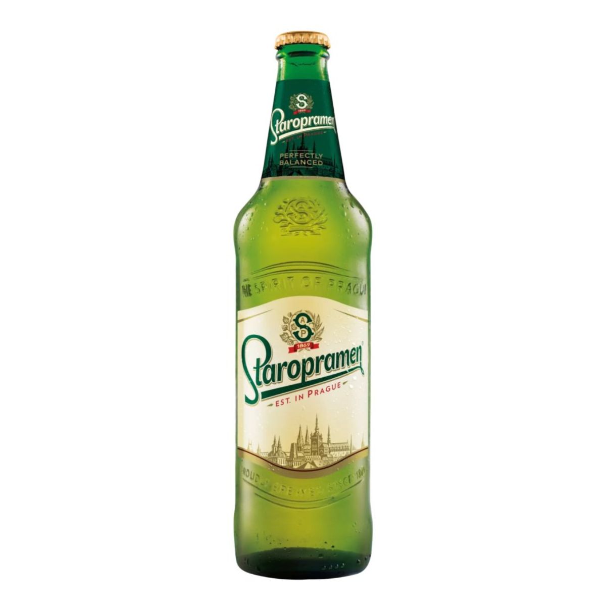 A bottle of Staropramen - Premium Czech Lager (5% ABV) - 660ml beer on a white background.