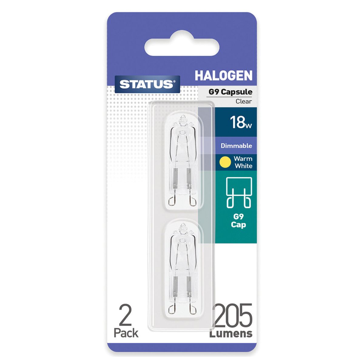Packaging of a Status - G9 18 Watt Halogen Capsule Light Bulb - 2pcs with a clear finish, providing a warm white light output of 205 lumens. Packaging of a Status - G9 18 Watt Halogen Capsule Light Bulb - 2pcs with a clear finish, providing a warm white light output of 205 lumens.