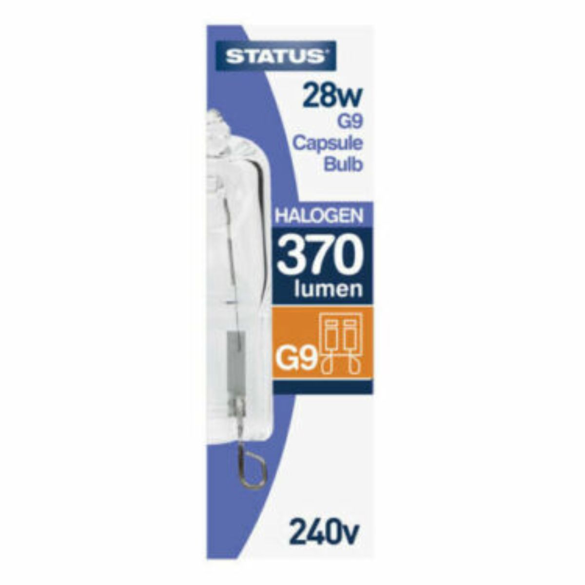 Packaging of a Status - International Halogen G9 Capsule 28W - 2pcs bulb with 370 lumen light output. Packaging of a Status - International Halogen G9 Capsule 28W - 2pcs bulb with 370 lumen light output.