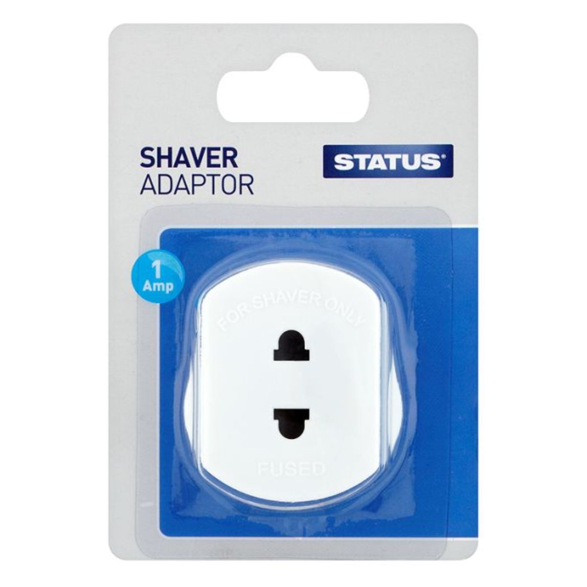 Status - Shaver Adaptor 1amp - 1pcs shaver adapter in white packaging. Status - Shaver Adaptor 1amp - 1pcs shaver adapter in white packaging.