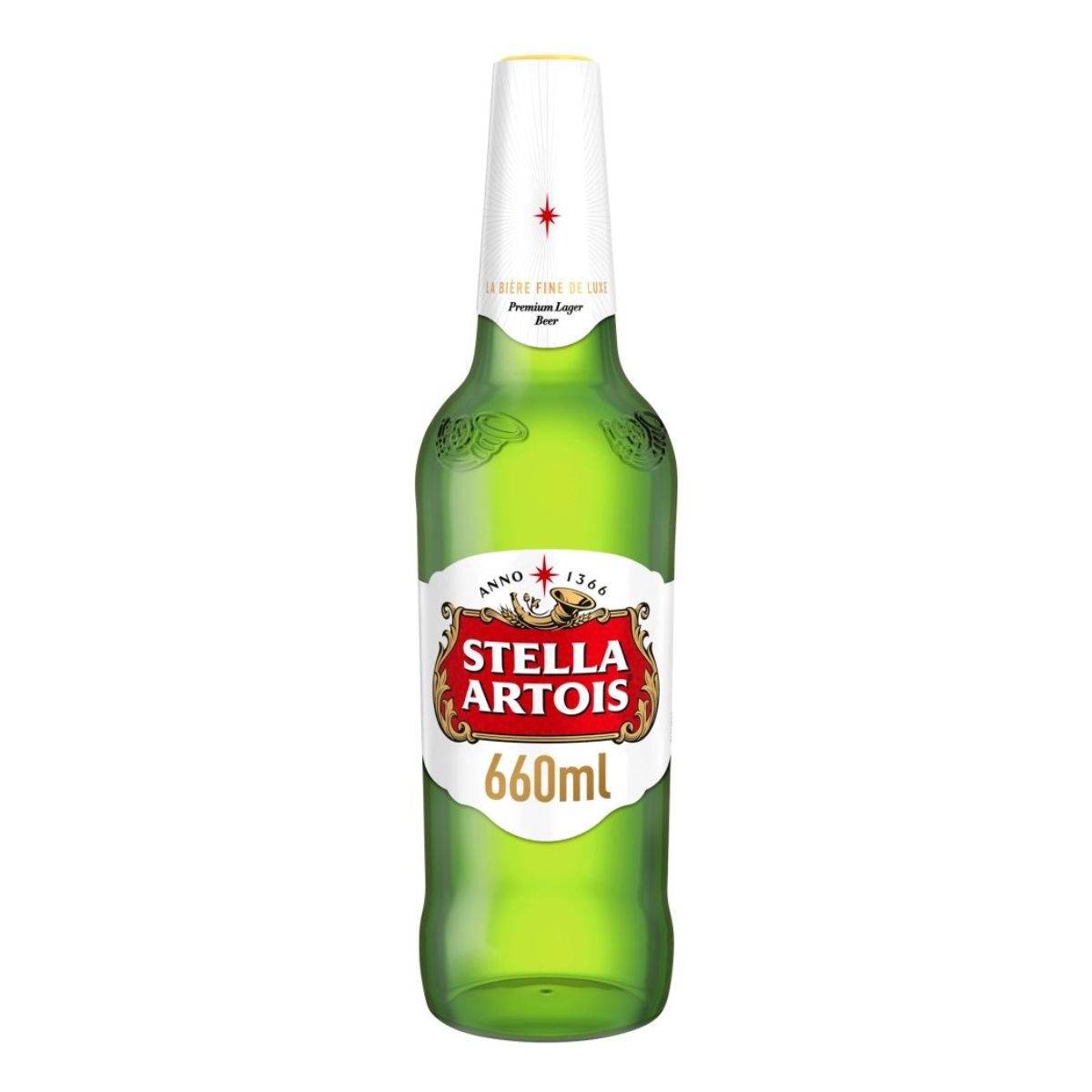 A bottle of Stella Artois - Belgium Premium Lager Beer (4.6% ABV) - 660ml on a white background.