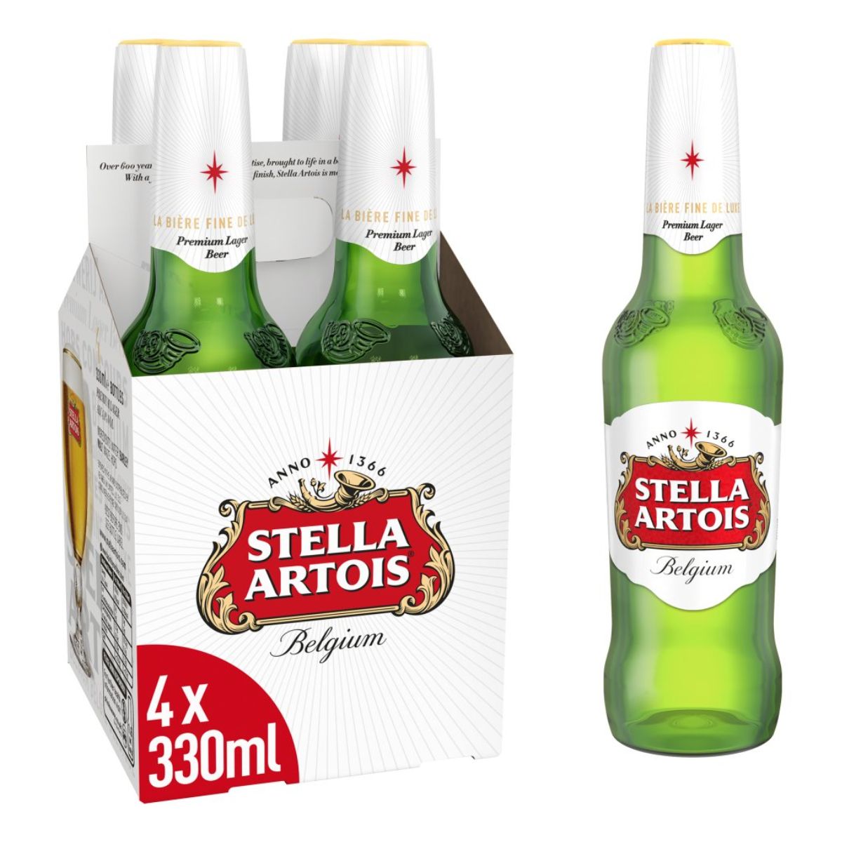 Four bottles of Stella Artois - Belgium Premium Lager Bottles (4.6% ABV) - 4 x 330ml beer in a box.