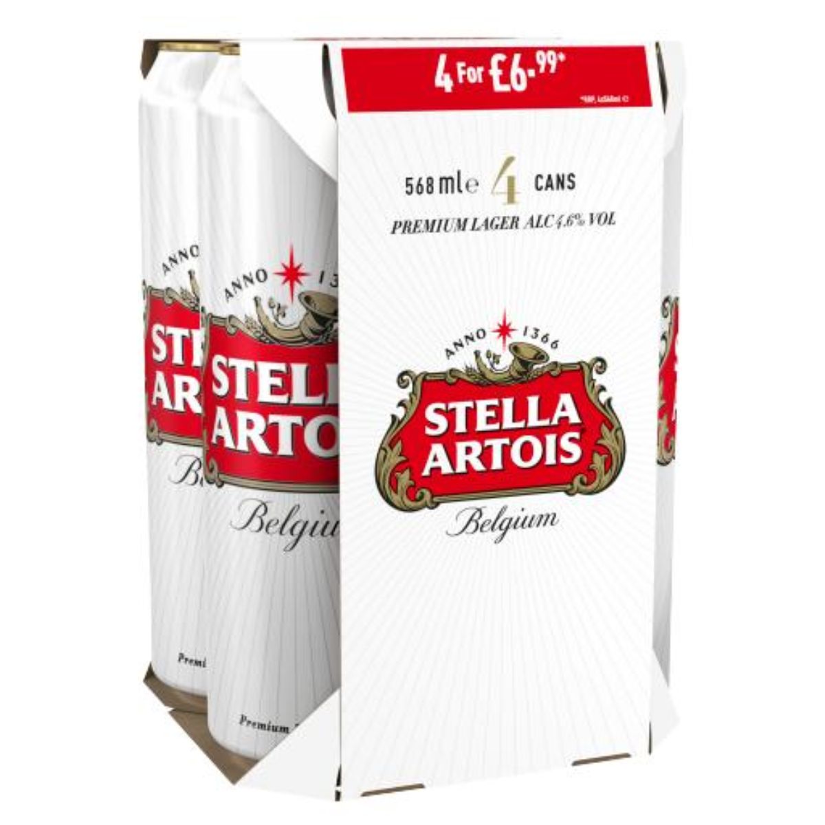 Four cans of Stella Artois - Premium Lager (4.6% ABV) - 4x568ml on a white background.