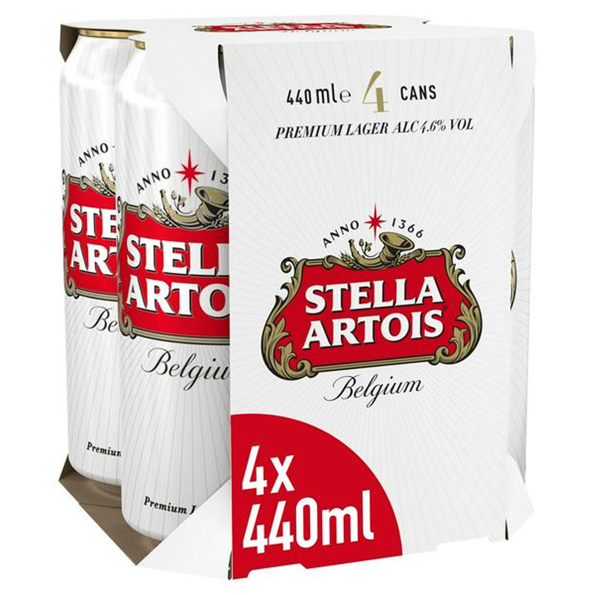 Four cans of Stella Artois - Premium Lager Beer (4.6% ABV) - 4 x 440ml in a box.