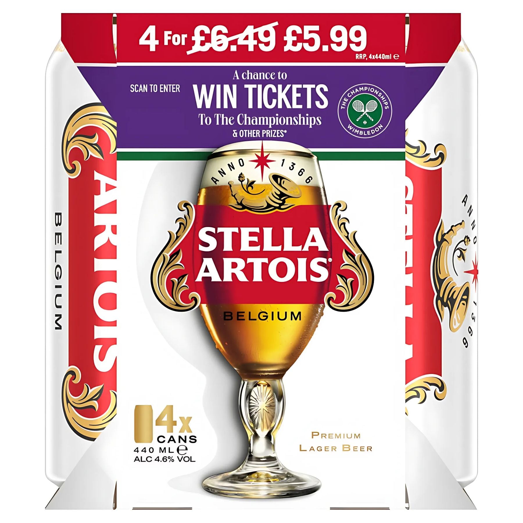 Stella Artois - Belgium Premium Lager Beer (4.6% ABV), 4 x 440ml pack, with a chance to win tickets to the Wimbledon Championships. Stella Artois - Belgium Premium Lager Beer (4.6% ABV), 4 x 440ml pack, with a chance to win tickets to the Wimbledon Championships.