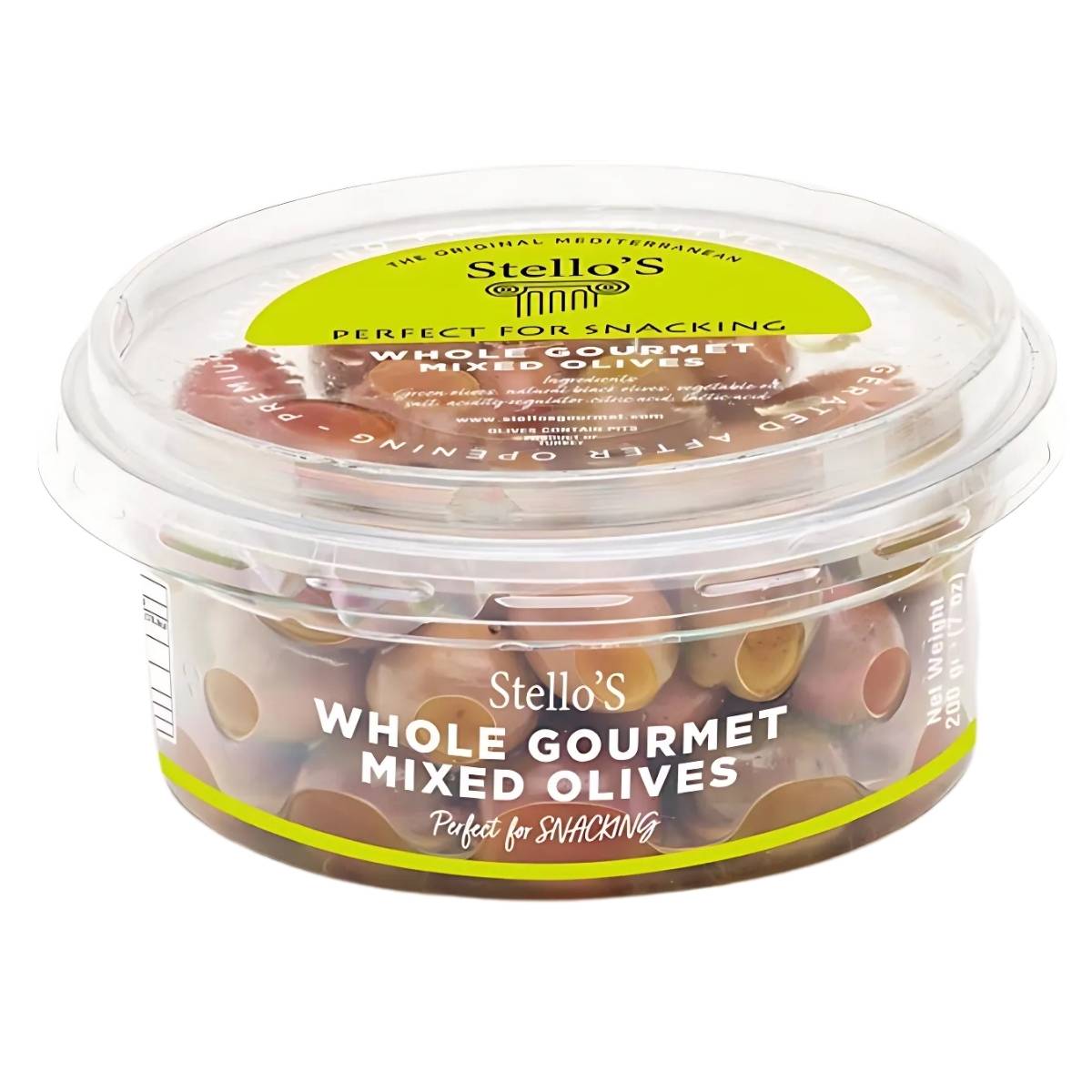 The clear plastic container of Stello's Whole Gourmet Mixed Olives (200g) showcases a colorful blend of green and black olives, making it an ideal snacking choice. The clear plastic container of Stello's Whole Gourmet Mixed Olives (200g) showcases a colorful blend of green and black olives, making it an ideal snacking choice.
