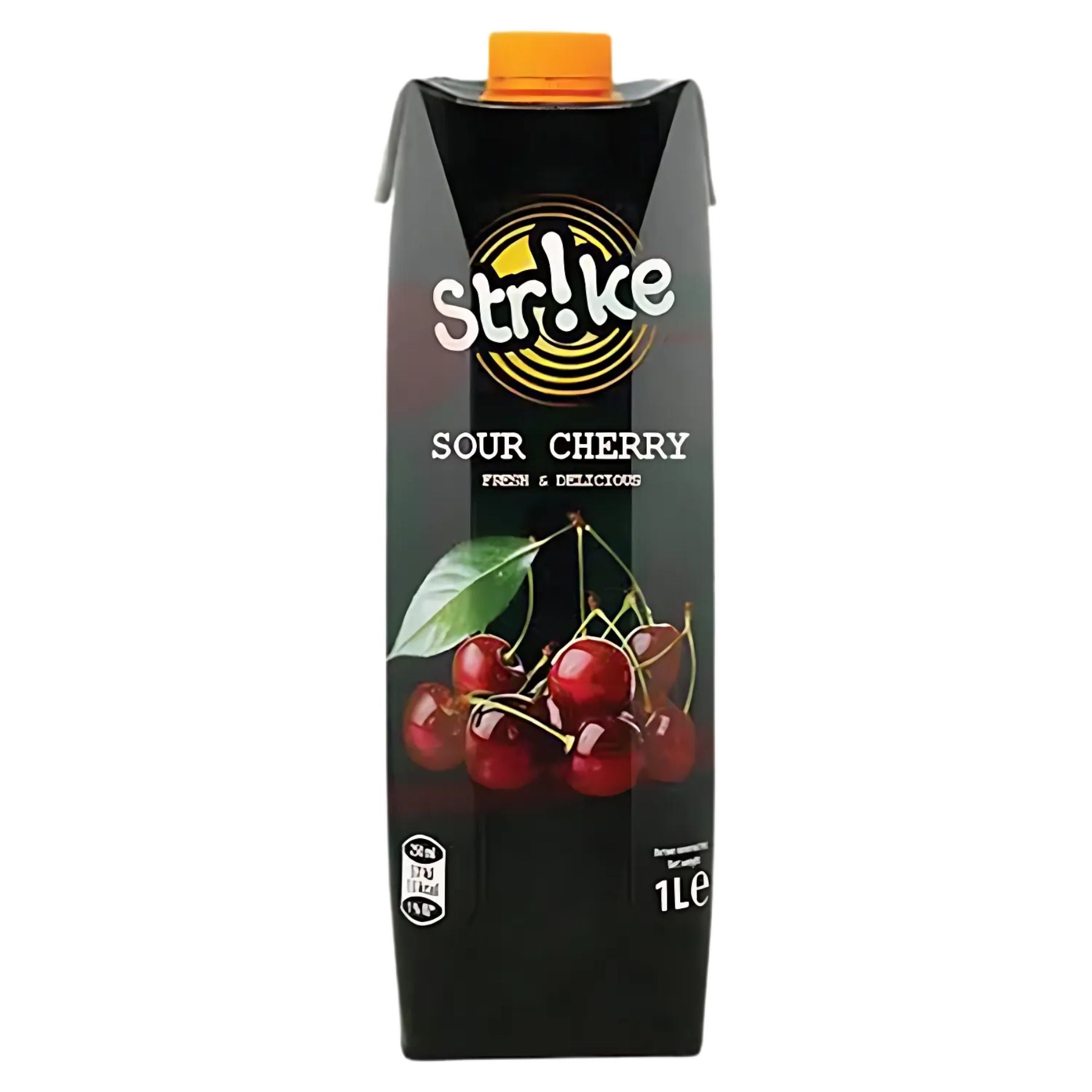 Strike - Sour Cherry Juice - 1L is a refreshing fruit drink labeled "Fresh & Delicious," featuring cherry and leaf images on the front, and made with sweetener. Strike - Sour Cherry Juice - 1L is a refreshing fruit drink labeled "Fresh & Delicious," featuring cherry and leaf images on the front, and made with sweetener.