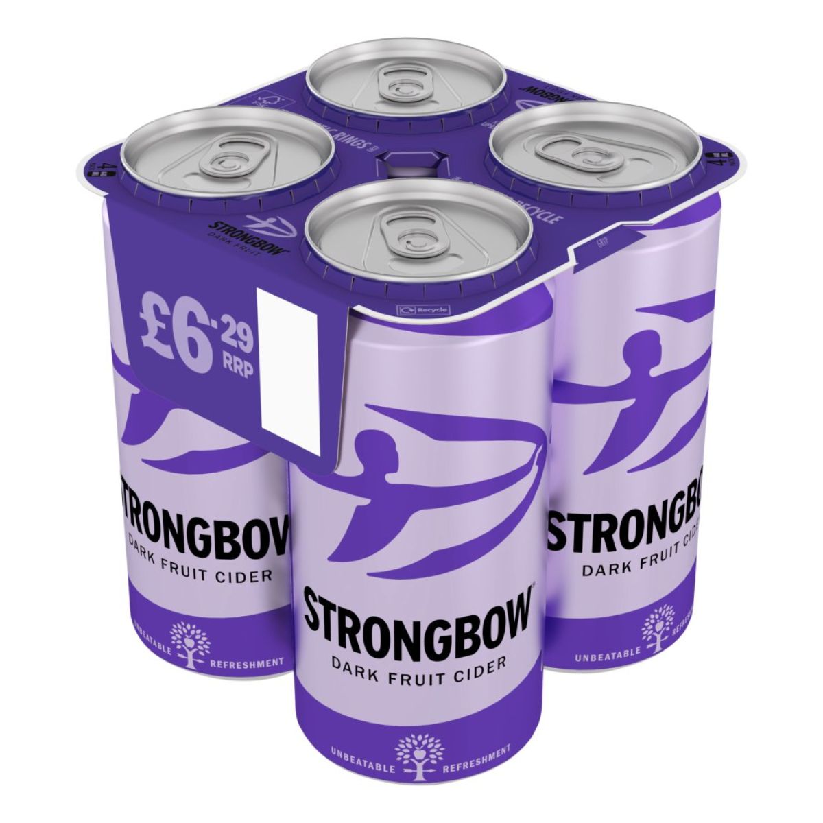 A pack of Strongbow - Dark Fruit Cider Can (4.0% ABV) - 4 x 440ml in a purple container. A pack of Strongbow - Dark Fruit Cider Can (4.0% ABV) - 4 x 440ml in a purple container.