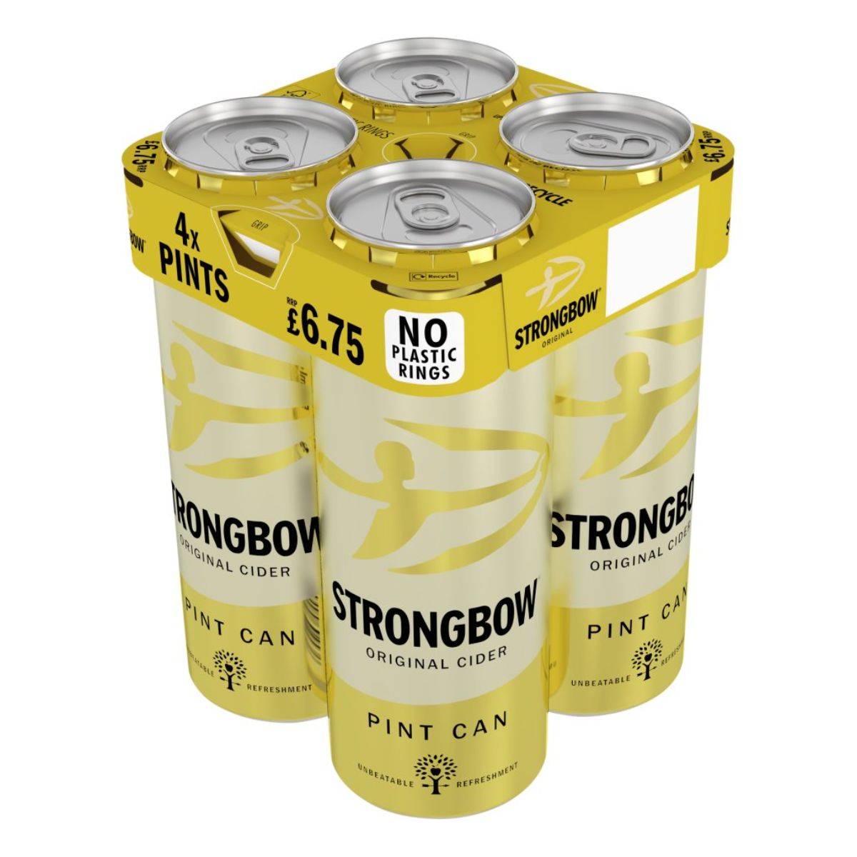 A pack of Strongbow - Original Cider Can (4.5% ABV) - 4 x 568ml on a white background.