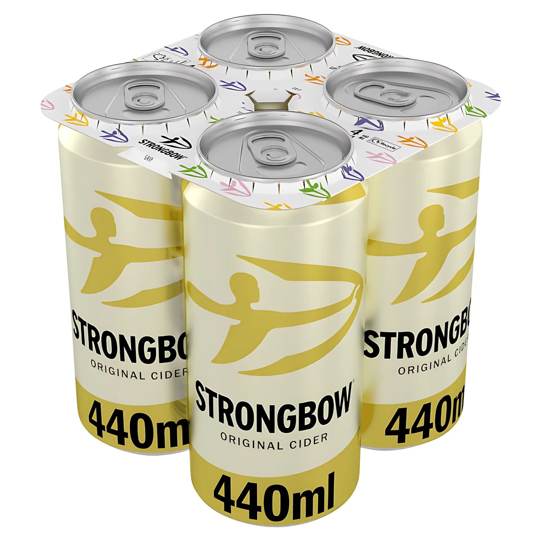 Four 440ml cans of Strongbow Original Cider (4.5% ABV), in gold and white packaging, are packed together in a branded paperboard carrier. Four 440ml cans of Strongbow Original Cider (4.5% ABV), in gold and white packaging, are packed together in a branded paperboard carrier.