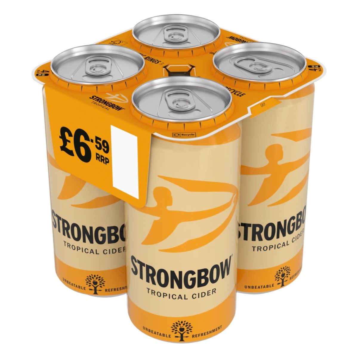 Four cans of Strongbow - Tropical Cider Can (4.0% ABV) - 4 x 440ml on a white background.