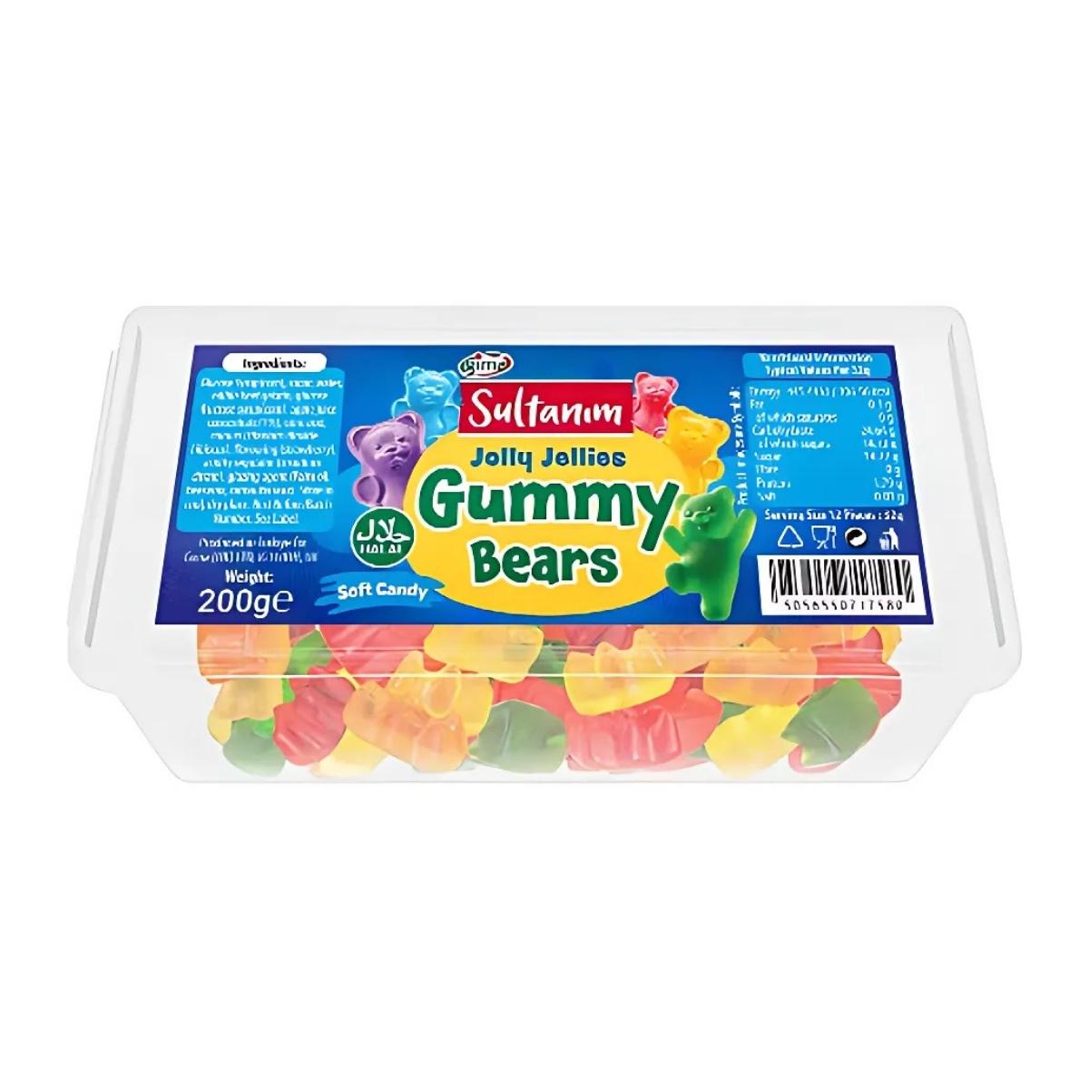 A plastic box filled with fruity goodness, featuring vibrant gummy bears and a label that reads "Sultanim - Gummy Bears - 200g." Delight in this tasty treat that guarantees a burst of flavor in every bite! A plastic box filled with fruity goodness, featuring vibrant gummy bears and a label that reads "Sultanim - Gummy Bears - 200g." Delight in this tasty treat that guarantees a burst of flavor in every bite!