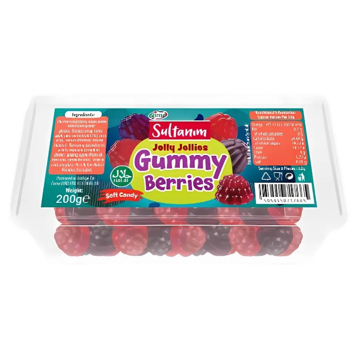 A package of Sultanim Gummy Berries, 200g, offers red and purple chewy delights crafted with real fruit juice. The label provides details on nutritional information and ingredients. A package of Sultanim Gummy Berries, 200g, offers red and purple chewy delights crafted with real fruit juice. The label provides details on nutritional information and ingredients.