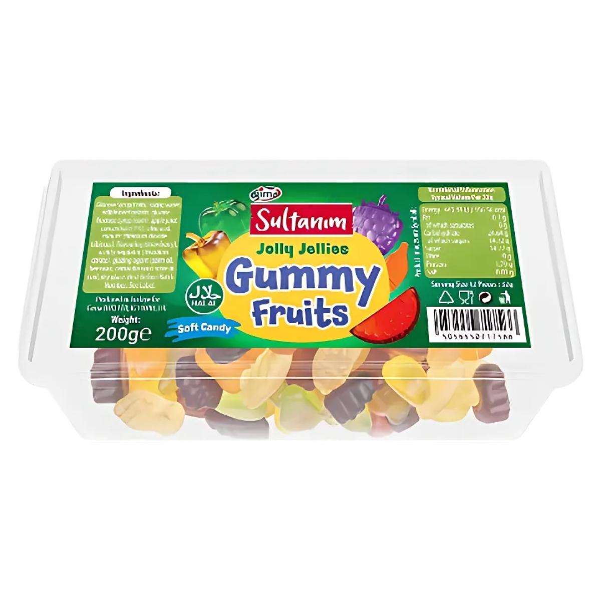 A clear plastic box of Sultanim - Gummy Fruits - 200g features a label adorned with vibrant fruit graphics and nutritional details, emphasizing these tasty fruit snacks as ideal chewy gummies for anytime enjoyment. A clear plastic box of Sultanim - Gummy Fruits - 200g features a label adorned with vibrant fruit graphics and nutritional details, emphasizing these tasty fruit snacks as ideal chewy gummies for anytime enjoyment.