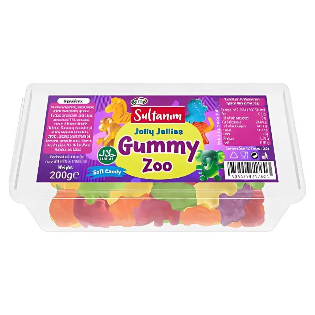 A plastic container labeled "Sultanim - Gummy Zoo - 200g" entices with colorful fruity gummy candies visible inside, perfect for satisfying sweet cravings. A plastic container labeled "Sultanim - Gummy Zoo - 200g" entices with colorful fruity gummy candies visible inside, perfect for satisfying sweet cravings.