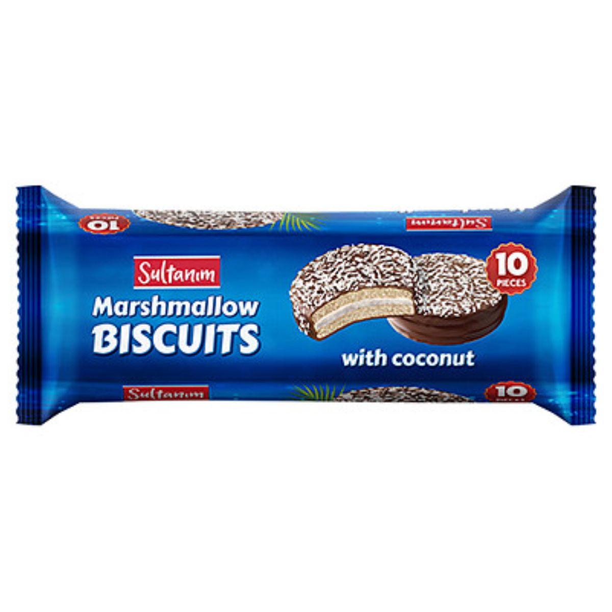 A box of Sultanim - Marshmallow & Coconut Biscuits with Chocolate - 220g on a white background. A box of Sultanim - Marshmallow & Coconut Biscuits with Chocolate - 220g on a white background.