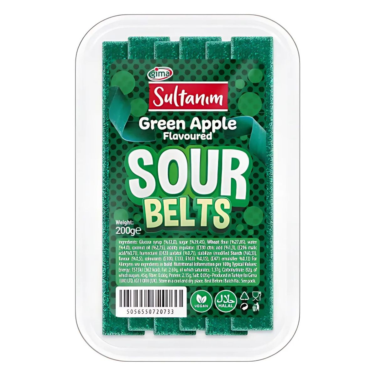 A 200g plastic container of Sultanim Sour Belts Green Apple Flavour, with vegan, halal, and gluten-free labels on the packaging. A 200g plastic container of Sultanim Sour Belts Green Apple Flavour, with vegan, halal, and gluten-free labels on the packaging.