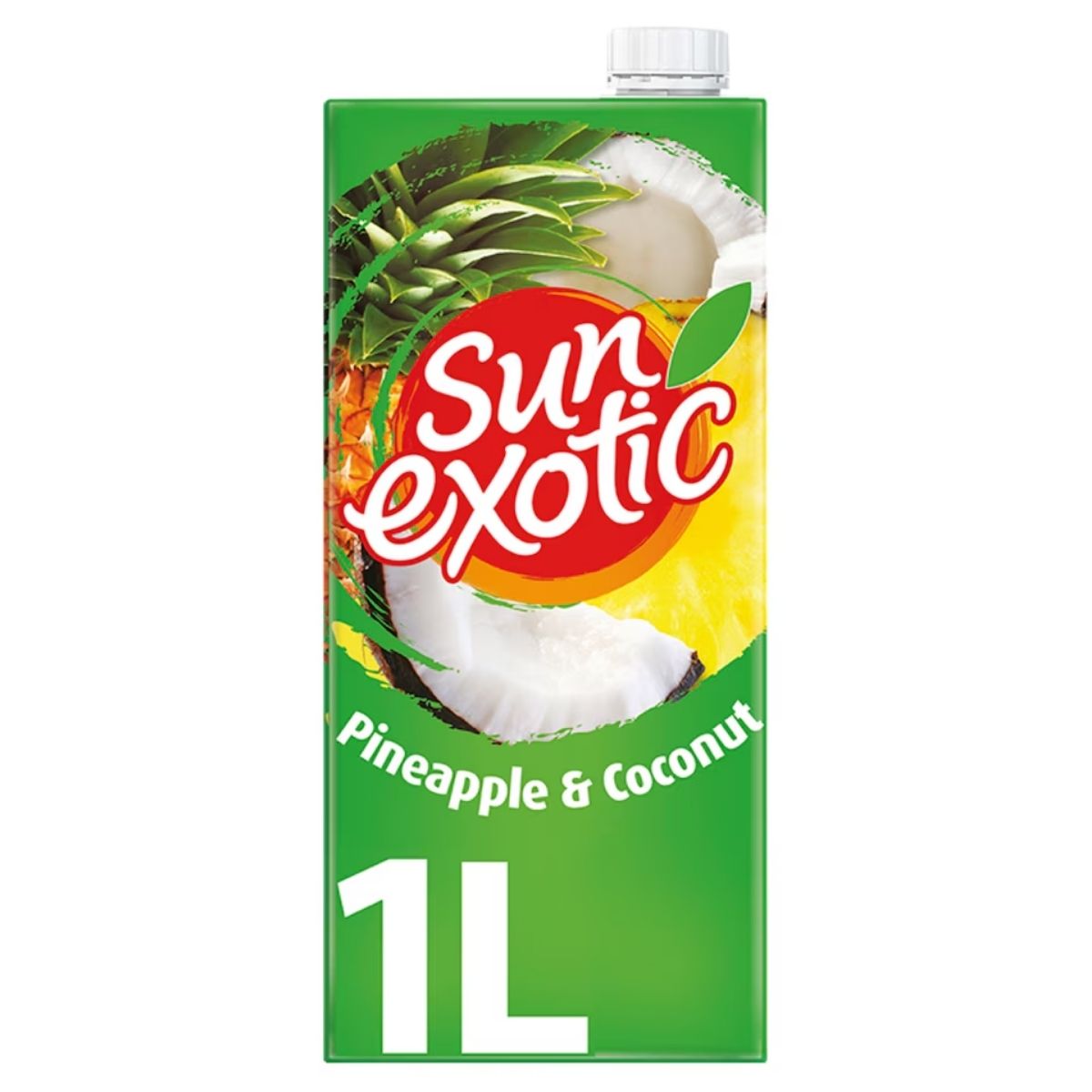 Sun Exotic Pineapple & Coconut Juice 1L carton features a tropical twist, with fruit images on a refreshing green backdrop. Sun Exotic Pineapple & Coconut Juice 1L carton features a tropical twist, with fruit images on a refreshing green backdrop.