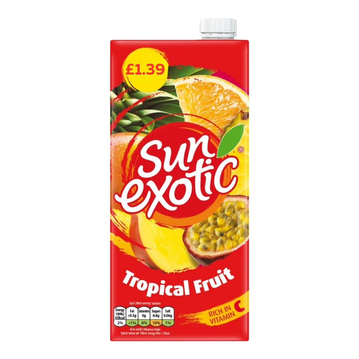 A 1L carton of Sun Exotic - Tropical Fruit juice, with pineapple, mango, grapefruit, and passionfruit images on the pack. Price marked at £1.39. A 1L carton of Sun Exotic - Tropical Fruit juice, with pineapple, mango, grapefruit, and passionfruit images on the pack. Price marked at £1.39.