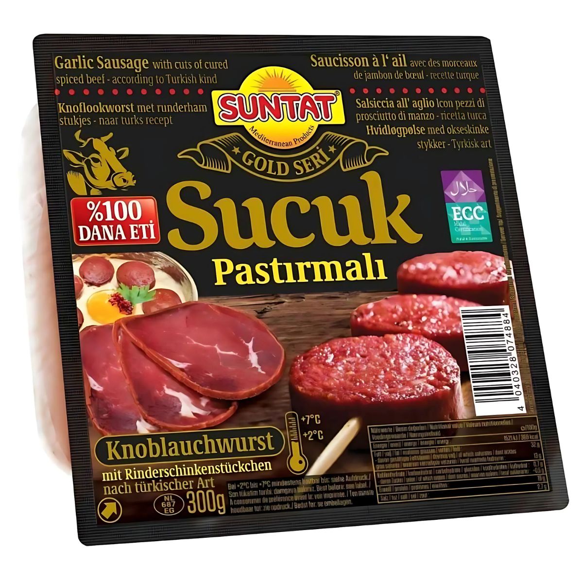 A 300g pack of Suntat Gold Seri Pastirmali Sucuk (Halal), with images of sliced sausage and multilingual product details. A 300g pack of Suntat Gold Seri Pastirmali Sucuk (Halal), with images of sliced sausage and multilingual product details.