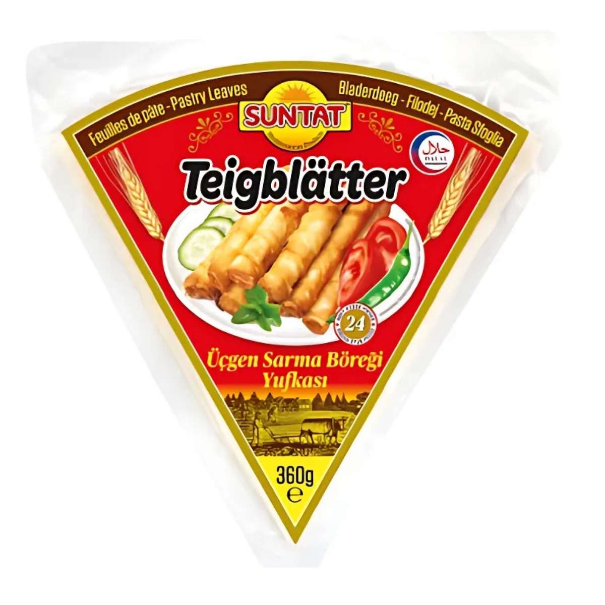 Suntat - Ucgen Yufka - 360g comes in a triangular package with images of filled pastry rolls, cucumber slices, tomato, and red pepper on the label—ideal for making tasty Turkish dishes. Suntat - Ucgen Yufka - 360g comes in a triangular package with images of filled pastry rolls, cucumber slices, tomato, and red pepper on the label—ideal for making tasty Turkish dishes.