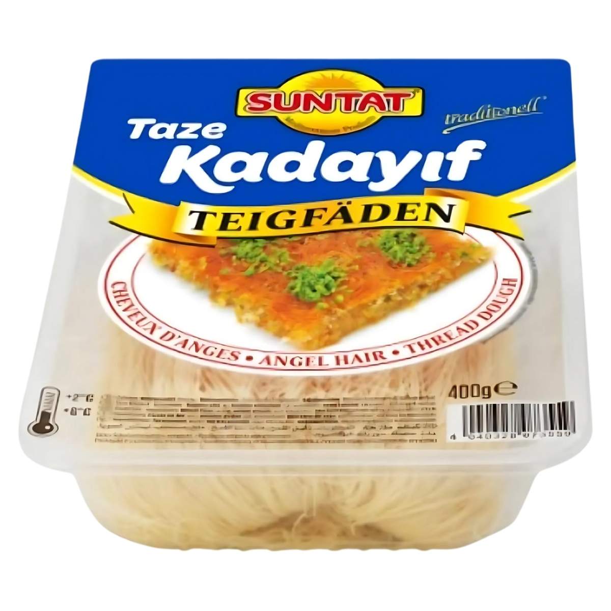 A Suntat brand 400g plastic container of fresh Kadayif, a delicate shredded fillo dough, showcases a dessert image with pistachios and features multilingual text. A Suntat brand 400g plastic container of fresh Kadayif, a delicate shredded fillo dough, showcases a dessert image with pistachios and features multilingual text.