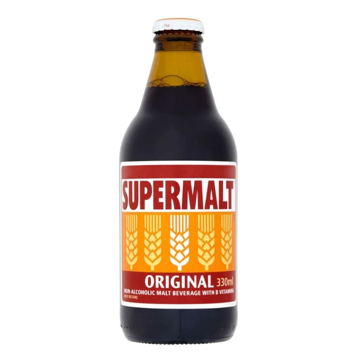 A bottle of Supermalt - Original Non Alcoholic Malt Drink - 330ml on a white background.