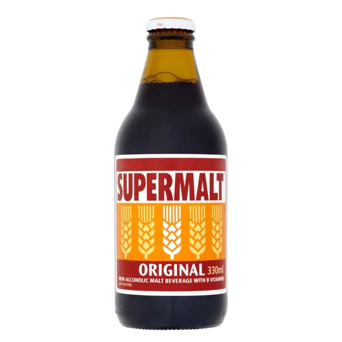 A bottle of Supermalt - Original Non Alcoholic Malt Drink - 330ml on a white background. A bottle of Supermalt - Original Non Alcoholic Malt Drink - 330ml on a white background.