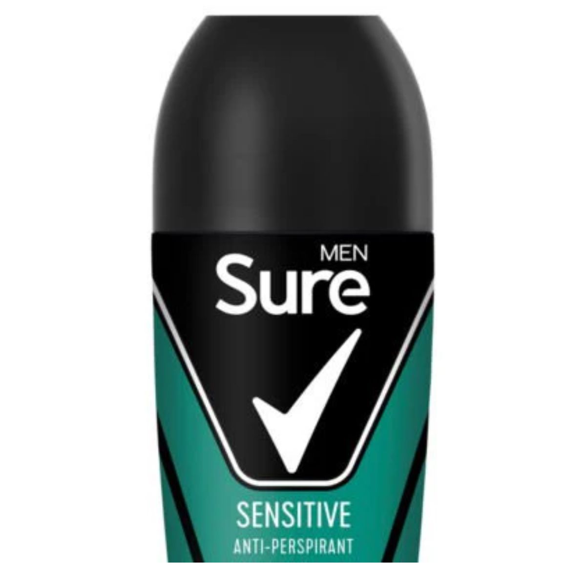 A black and teal bottle of Sure Men - Sensitive Roll On - 50ml deodorant with a large white checkmark on the label.