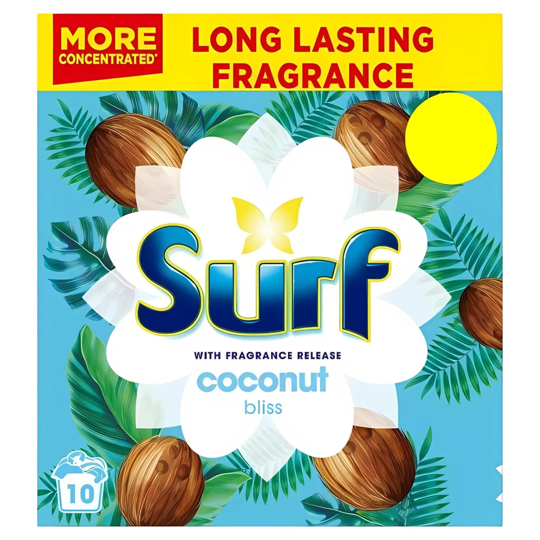 Surf - Laundry Powder Coconut 10 Washes, 500g: features a tropical coconut scent with coconut images and green leaves, and highlights long-lasting fragrance, powerful stain removal, and a concentrated formula. Surf - Laundry Powder Coconut 10 Washes, 500g: features a tropical coconut scent with coconut images and green leaves, and highlights long-lasting fragrance, powerful stain removal, and a concentrated formula.