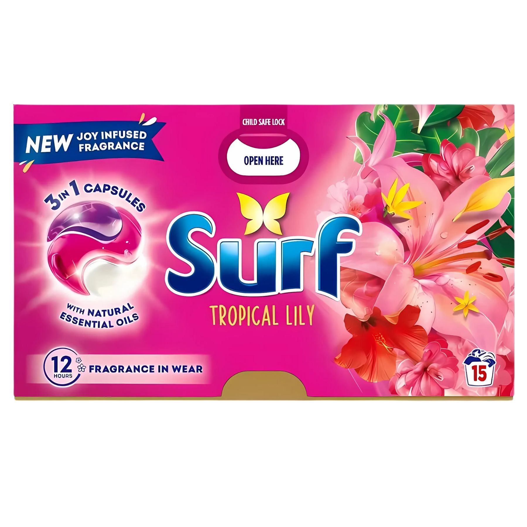 Surf - Tropical Lily 3 In 1 Laundry Detergent Capsules (15 washes, 295.5g) feature pink flowers, butterflies, natural essential oils, and "12h fragrance," keeping your laundry fresh and beautifully scented. Surf - Tropical Lily 3 In 1 Laundry Detergent Capsules (15 washes, 295.5g) feature pink flowers, butterflies, natural essential oils, and "12h fragrance," keeping your laundry fresh and beautifully scented.