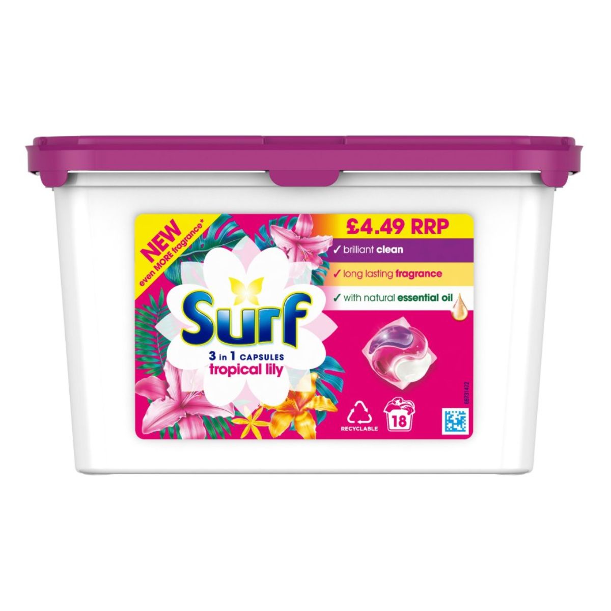 A container of Surf - Washing Capsules Tropical Lily 3 in 1 Capsules - 18washes with a pink flower on it.