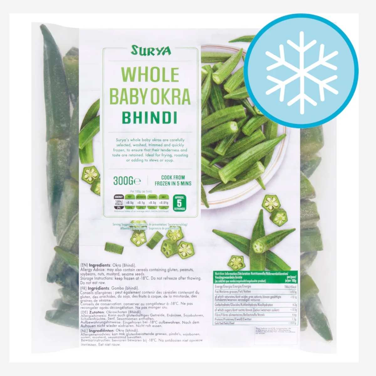 The Surya - Whole Baby Okra - 300g packaging features okra pieces with a snowflake symbol to highlight its frozen state, along with clear instructions and ingredients, ensuring flavor and nutrient preservation. The Surya - Whole Baby Okra - 300g packaging features okra pieces with a snowflake symbol to highlight its frozen state, along with clear instructions and ingredients, ensuring flavor and nutrient preservation.
